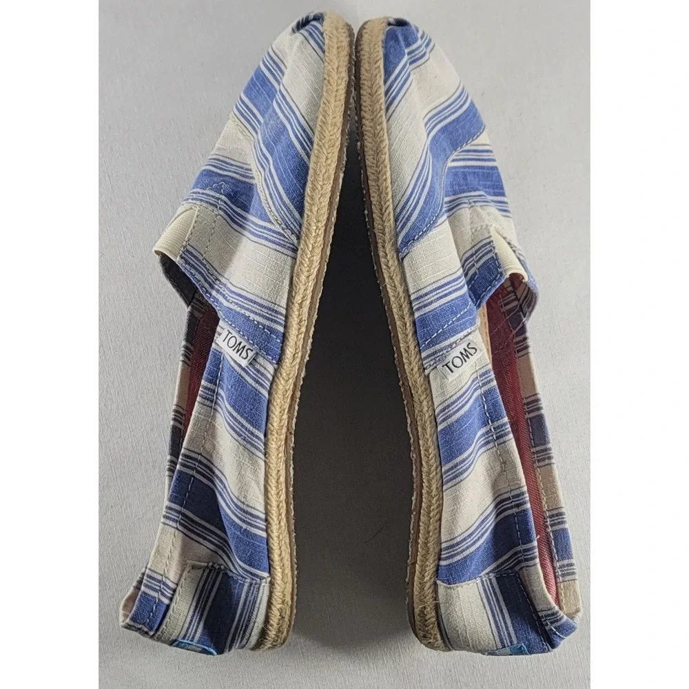 Toms Women's Size 6 W Blue And White Striped Canvas Slip On Casual Loafers Flats